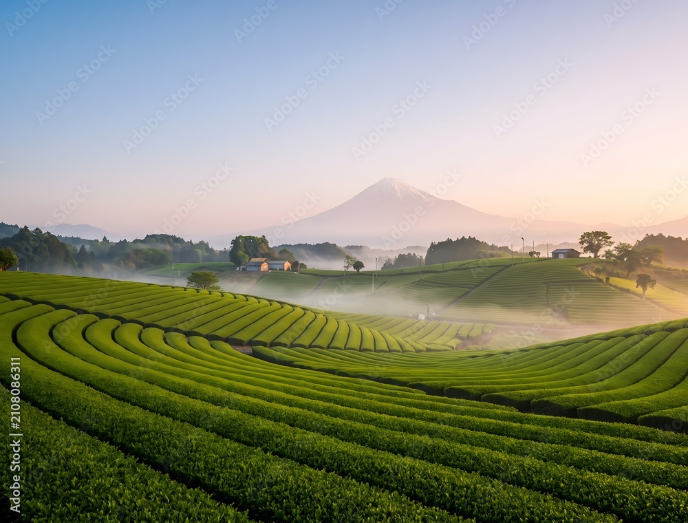 Obraz premium Breathtaking view of perfectly manicured green tea plantation rows curving across rolling hills in Shizuoka Japan, soft morning mist floating in valleys, Mount Fuji faintly visible in the distant haze