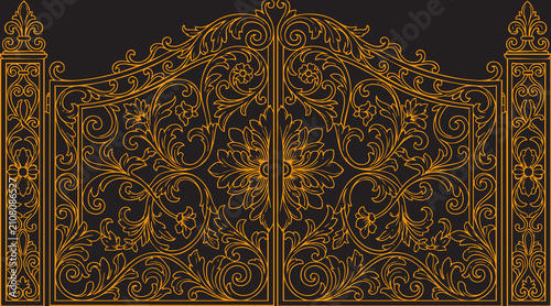 Photos Ornate golden gate with floral ironwork