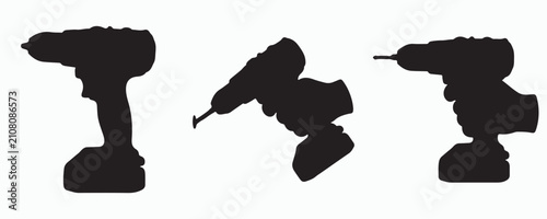 Foto Modern cordless drill silhouette set featuring portable power tools in upright, angled, and side-view positions