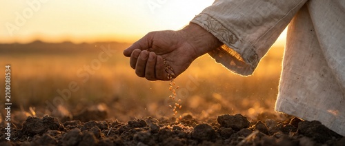 Close-up of sower's hand dropping golden grain seeds onto fertile soil at sunset. Biblical concept of the Parable of the Sower.