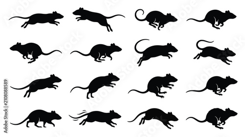 Foto Set of rat silhouettes in different poses, running and jumping mice