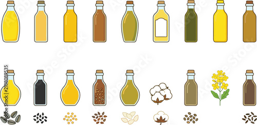 Natural Plant Seed Oil Glass Bottle Vector Illustration Set with Sunflower, Sesame, Soybean, Flaxseed, Cotton, and Canola Elements for Healthy Cooking