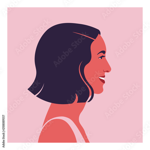 Modern flat vector portrait of a happy young woman in profile view. She features a chic short dark bob haircut, a warm smile against a pastel pink background.