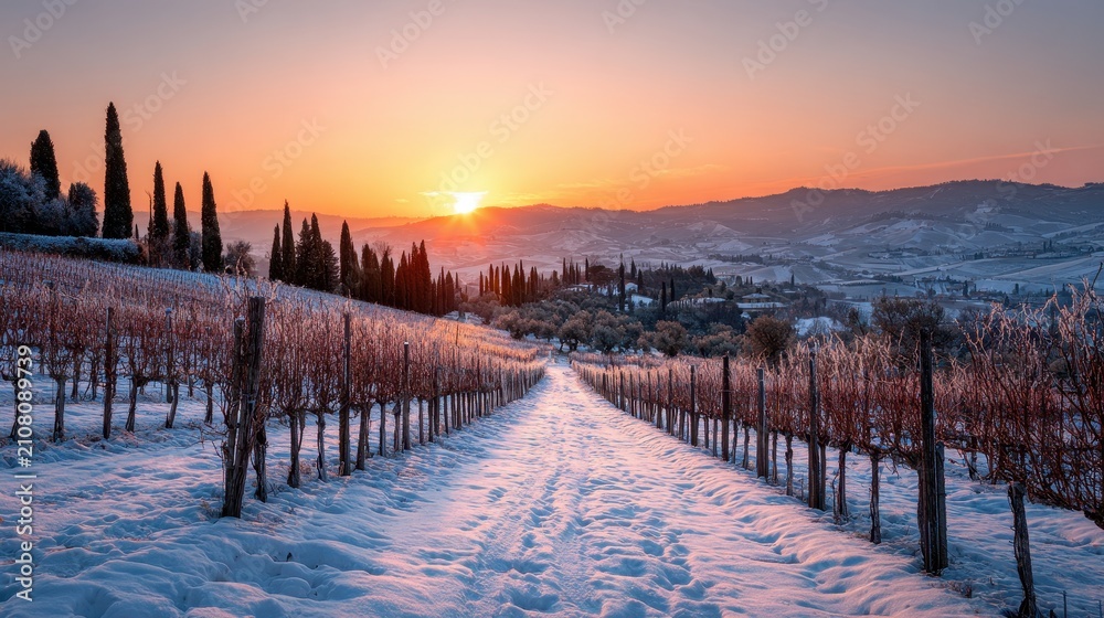 Obraz premium Golden hour over snow-laden vines in a Tuscan vineyard during twilight