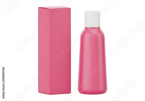 Pink cosmetic bottle with matching box isolated on white background