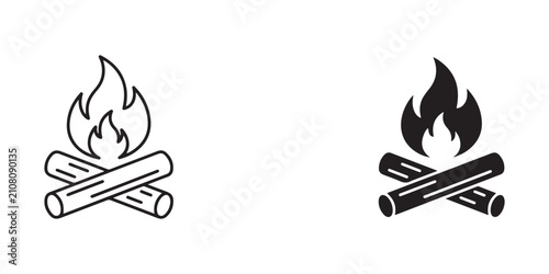 Campfire illustration with burning logs and flames depicted in two contrasting line art styles