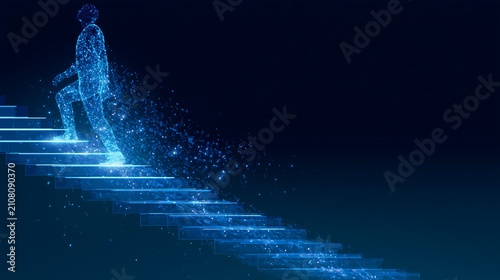 Digital human figure climbing glowing particle stairs.