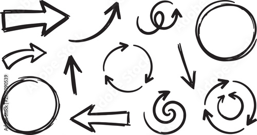 Hand-drawn black arrows and circles on white background