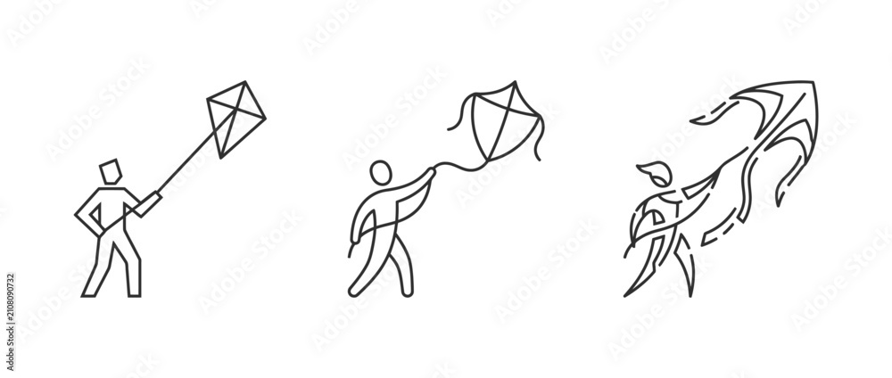 Fototapeta premium Line drawing sequence showing a person flying and losing control of a kite in the wind