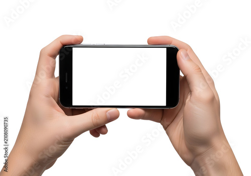 Hands holding smartphone with blank screen isolated white background isolated on white background
