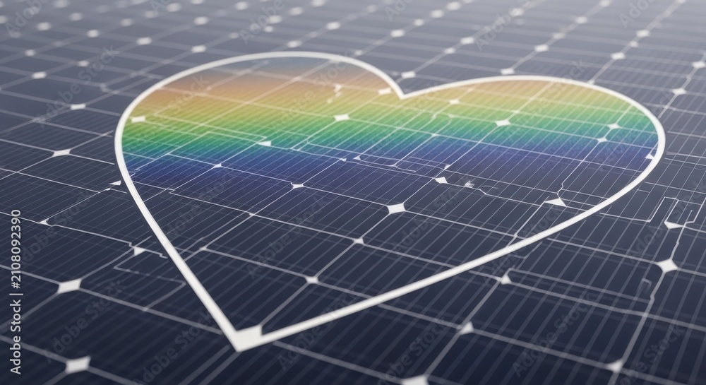 Obraz premium Radiant Heart of Rainbow Energy Embraces Solar Panel Surface Symbolizing Sustainable Love and Inclusivity with Clean Renewable Power for a Brighter Future.