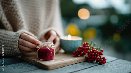 Close up of hands tying twine around a small red jar candle on a wooden board next to fir branches and a lit tealight for rustic holiday home styling and gift idea imagery