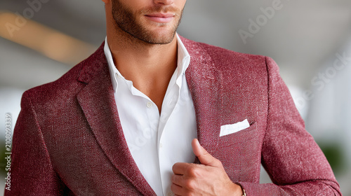 Cropped stylish man in burgundy blazer adjusting lapel with white shirt and pocket square in bright hallway for fashion lookbook and professional wardrobe styling