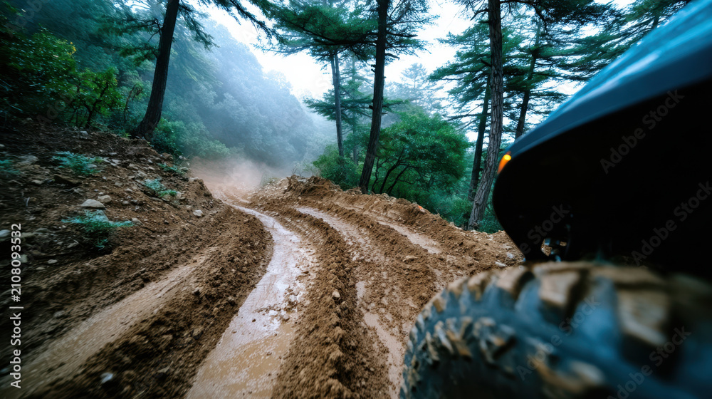 Fototapeta premium Mudslide blocking remote mountain road with offroad tire in foreground during storm for emergency response, travel advisory, road closure notices, insurance claims and infrastructure repair briefs