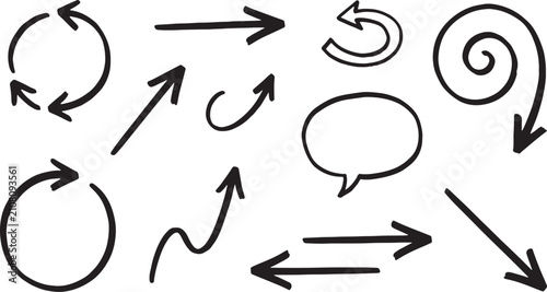 Hand-drawn black arrows and speech bubble on white background