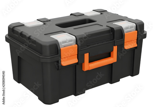 Organized plastic toolbox with orange handles isolated on white background