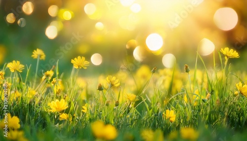 Sunny Grass Meadow With Yellow Wildflowers And Soft Bokeh