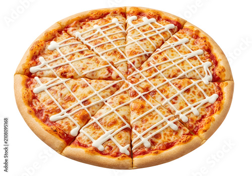 Delicious cheese pizza with sauce and white drizzle isolated on white background