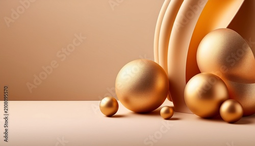 Abstract D Organic Shapes With Golden Amber Spheres On Beige Luxury Background