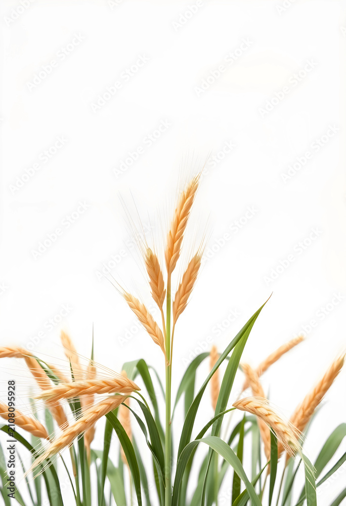 Obraz premium Golden wheat stalks with green leaves agriculture and harvest concept food production and natural grain isolated on a white background