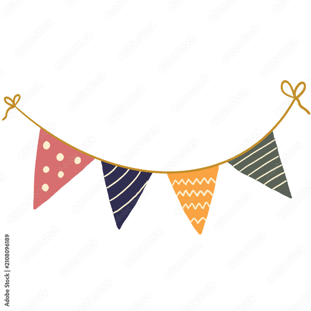 Fototapeta premium Illustration of colorful hand-drawn bunting flags with patterns on string, festive decoration style for party invites, celebration posters, and event design elements.