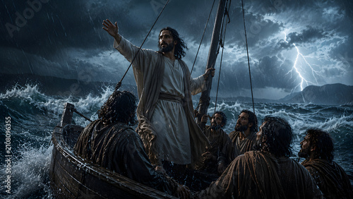 Jesus christ calming the storm on the sea of galilee, dramatic scene with disciples in a boat during a tempest with lightning