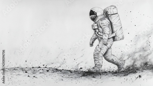 An astronaut walks on a surface. Pencil art showing space travel