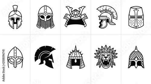 Bild auf Leinwand Ancient warrior helmet icons set, 10 historical battle headgear vector illustrat