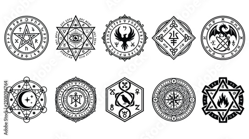 Photos Occult alchemy symbols and mystical sigils set, 10 esoteric magic circle icons,