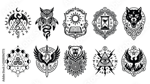 Photos Mystical occult emblem set with 10 vector icons, esoteric alchemy symbols and sa