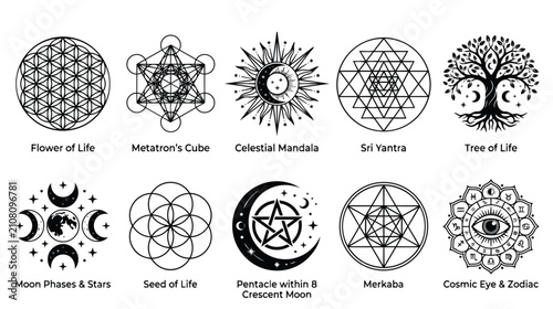 Foto Sacred geometry symbols set, 10 celestial mandala and mystical icons vector, bla