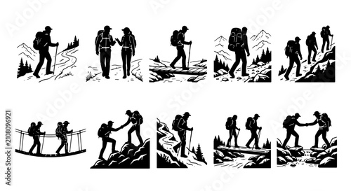 фотографія Hiking Silhouette Set, Mountain Adventure Vector Icons, Trekking Expedition Grap