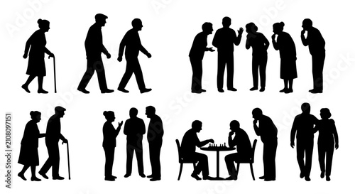 Canvas Print Elderly People Silhouettes, Senior Citizens Group, Diverse Activities, Black Vec