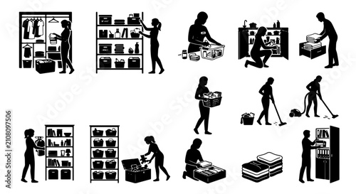 фотографія Home Organization Icons Set: Decluttering, Cleaning, Storage Solutions, and Tidying Up Actions