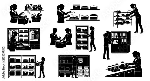 Картината върху платно Organization and Storage Solutions, Vector Icons Set: Decluttering, Home Organiz