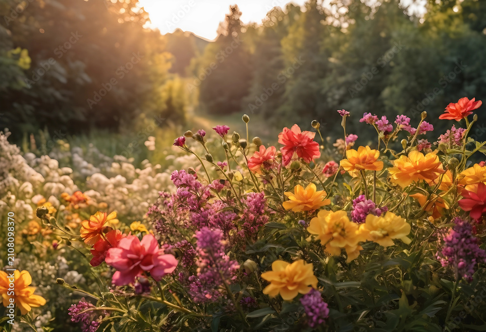Obraz premium Lush wildflower meadow with colorful blossoms and warm golden hour sunlight, nature and outdoor beauty