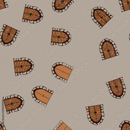 seamless pattern woodwork ancient medieval door cartoon. portal threshold, lintel hinges, knocker carvings woodwork ancient medieval door sign vector
