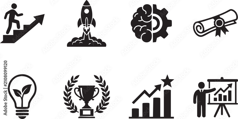 Obraz premium Business Growth and Career Success Icon Set Featuring Rocket Launch, Trophy, Idea Lightbulb, and Growth Charts