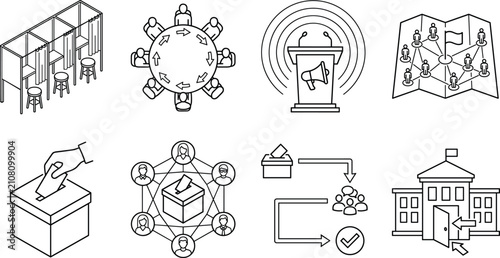 Democracy and Voting System Line Icon Set Representing Elections Politics and Government Vector