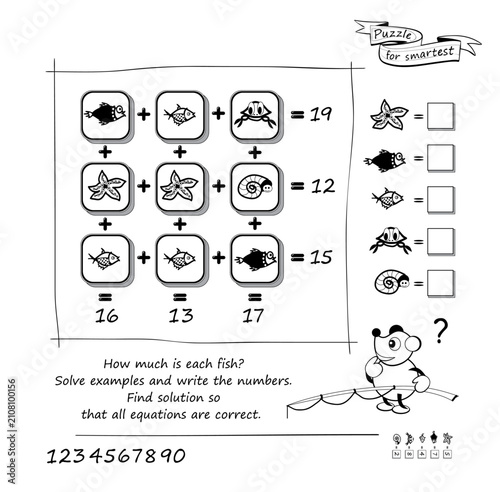 Math logic puzzle game for smartest. How much is each fish? Solve examples and write the numbers. Find solution so that all equations are correct. Brain teaser book. Education page. Hand drawn vector.