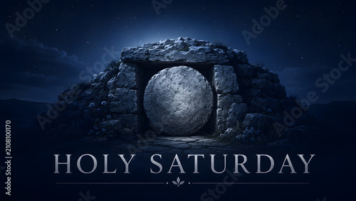 Holy saturday religious holiday graphic with an empty stone tomb at night