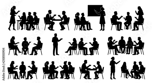 Business Meeting Silhouettes, Group Discussion Icons, Presentation Scenes, Collaboration Graphics, Teamwork Concepts, Office Interaction Vector Set