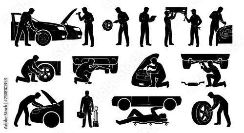 Automotive Mechanic Silhouettes Set, Car Repair Icons, Vehicle Maintenance Vector Graphics, Garage Service Illustrations, Auto Workshop Professionals