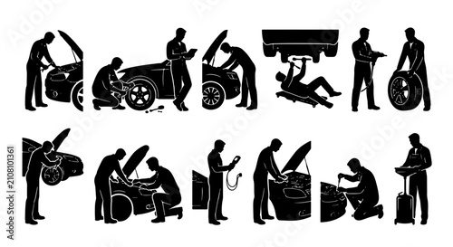 Car Mechanic Icons, Automotive Service Silhouettes, Auto Repair Vector Set, Vehicle Maintenance Graphics, Garage Workshop Illustrations