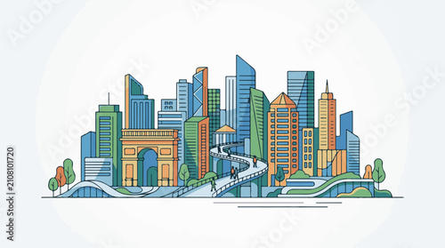 Stylized city skyline with arch walkway and colorful buildings