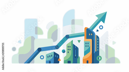 Stylized city skyline with a vibrant green arrow charting upward growth