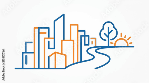 Stylized city skyline with a winding road leading to a sunrise