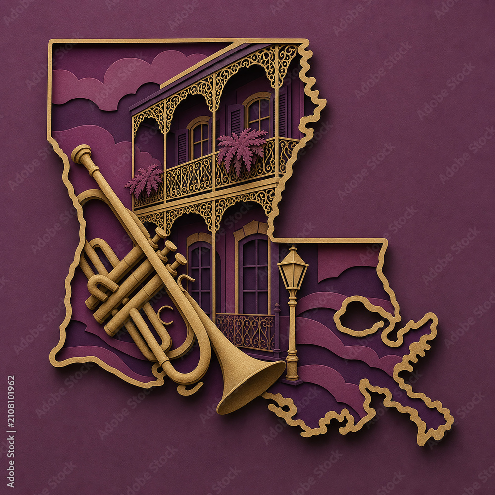 Obraz premium Louisiana jazz balcony layered paper cut illustration