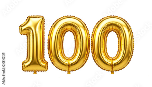 Three shiny golden foil balloons shaped as the number one hundred isolated on white background with hundred against clean three metallic gold