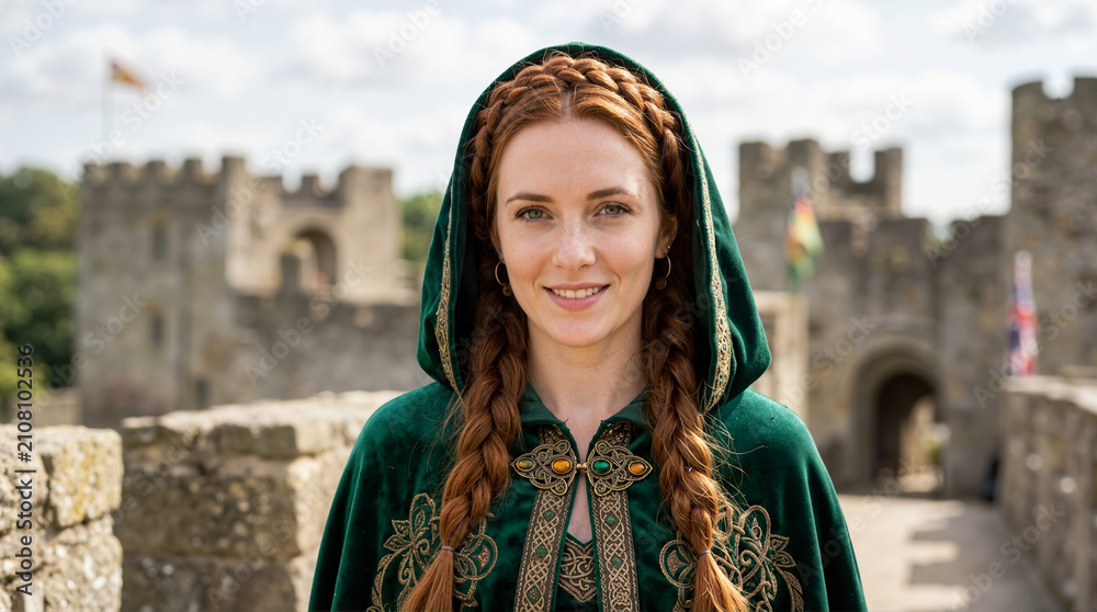 Fototapeta premium Woman in green medieval hooded cape. Red haired female in historical costume at castle